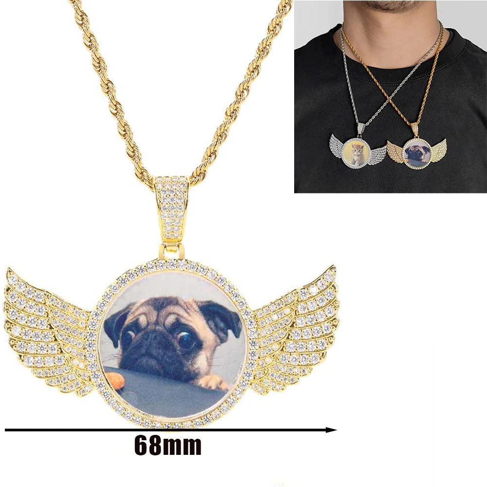 Customized Angel Wing Round Memory  Personalized Picture Pendant Tennis Chain Necklace