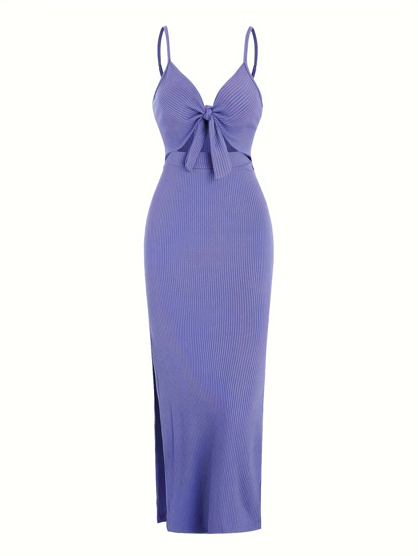 Ribbed Bowknot Design Spaghetti Strap V-Neck Knitted Sleeveless Solid Color High Slit Maxi Dress