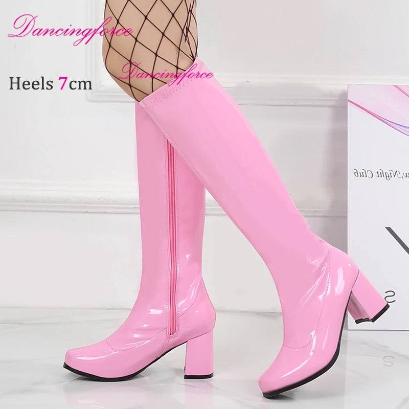 Shiny Patent Knee-High Women's Square Toe Boots