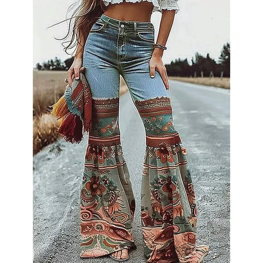 Vintage Patchwork Floral Print Women's High-Waisted Flared Jeans