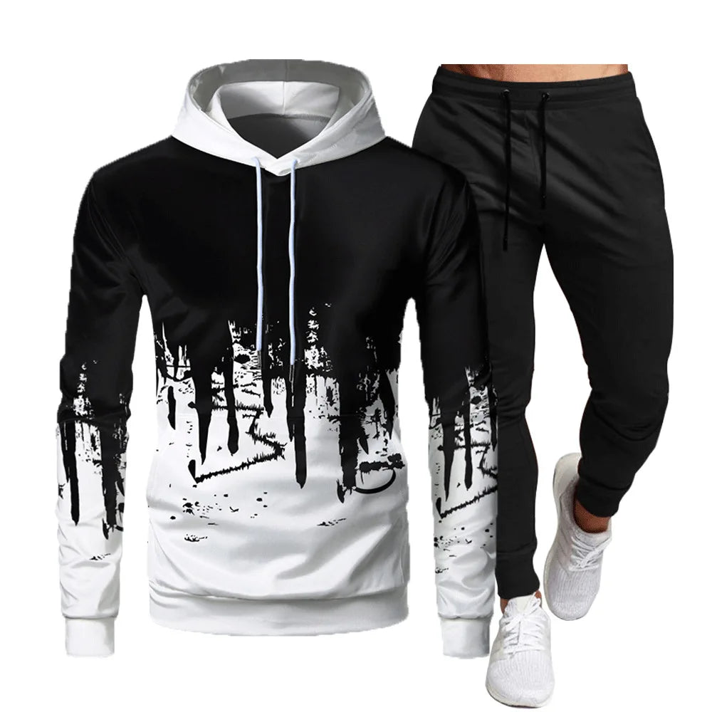 Men's Pullover Inkjet Gradient Print Drawstring Hoodie Sweatshirt + Jogger Sweatpants Tracksuit