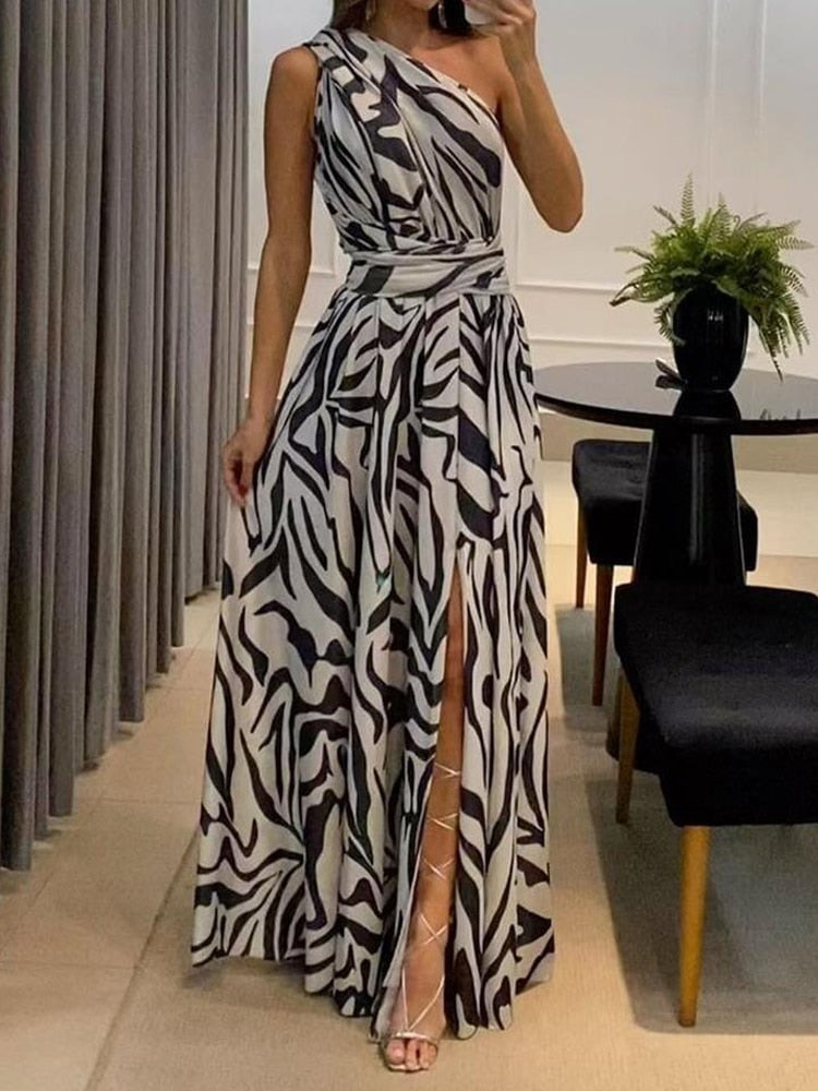 One Shoulder Geometric High Slit Asymmetrical Sleeveless Printed Maxi Dress