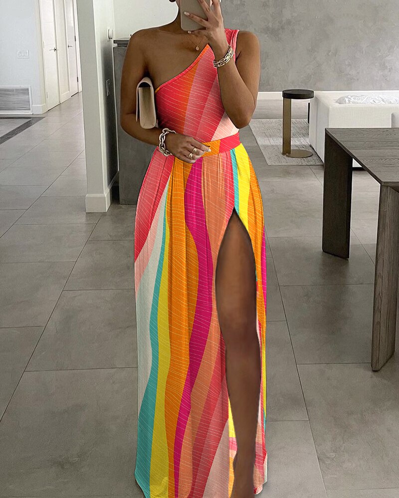 Pastel Colorblock One Shoulder High Slit Maxi Dress