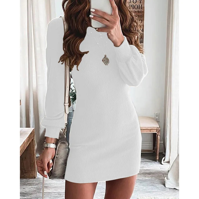 Ribbed Puffed Long Sleeve Color Backless Mini Dress