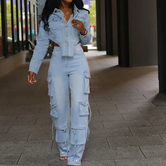 Denim Women's Long Sleeve Single Breasted Irregular Cropped Jean Jacket + Multi Pocket High Waist Cargo Jeans 2-Piece Set