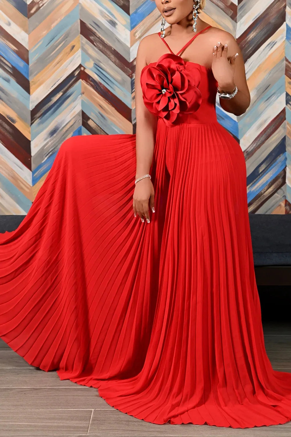 Sleeveless Pleated 3D Big Flower Embroidered Halter Collar Spaghetti Strap Wide Leg Formal Party Jumpsuit to 3X Plus Size