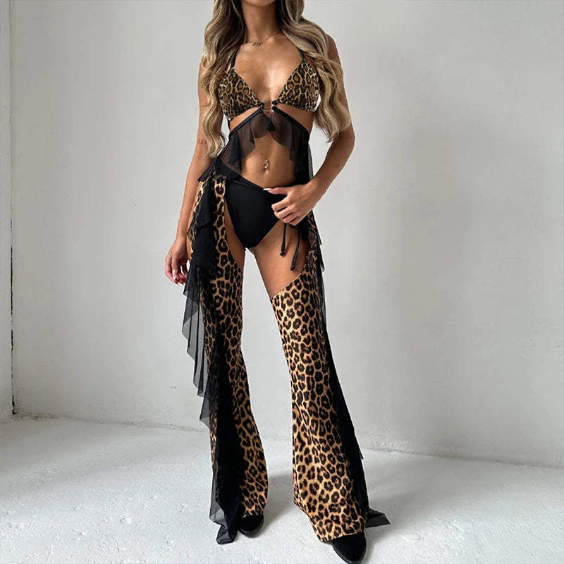 Sexy Leopard Print Mesh Transparent Ruffled Bikini Top, Bikini Bottoms, Tassel Fringe Leggings Women's 3-Piece Swimwear Set