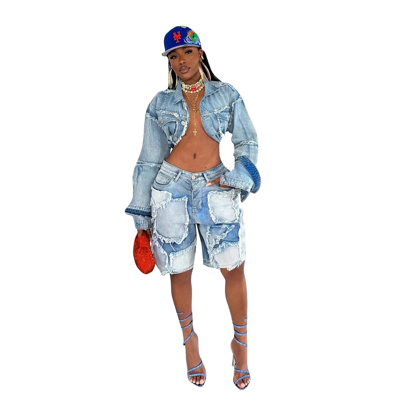 Denim Turn-Down Collar Cropped Jean Jacket + Ripped Colorblock Knee Length Shorts Women's 2-Piece Set