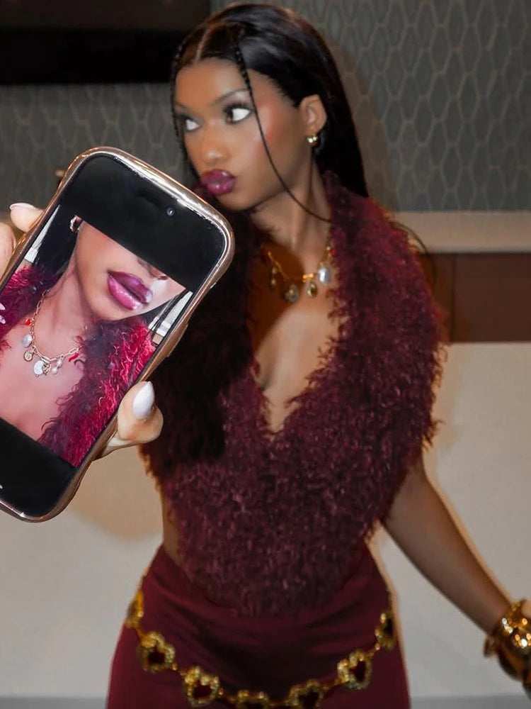 Sleeveless Faux Fur Tassel Lace-Up Halter Women's V-Neck Backless Vest + Elastic Leggings 2-Piece Set