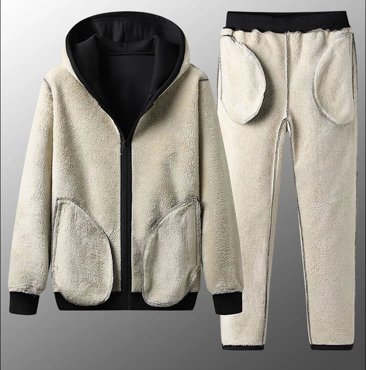 Fleece Men's Lined Thick Hoodie Zipper Sweat Jacket + Ribbed Down Puffer Vest + Solid Color  Sweatpants 3-Piece Outerwear Set