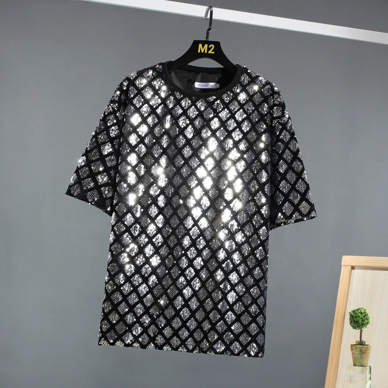 Men's Metallic Shiny Sequin Short Sleeve T-Shirt