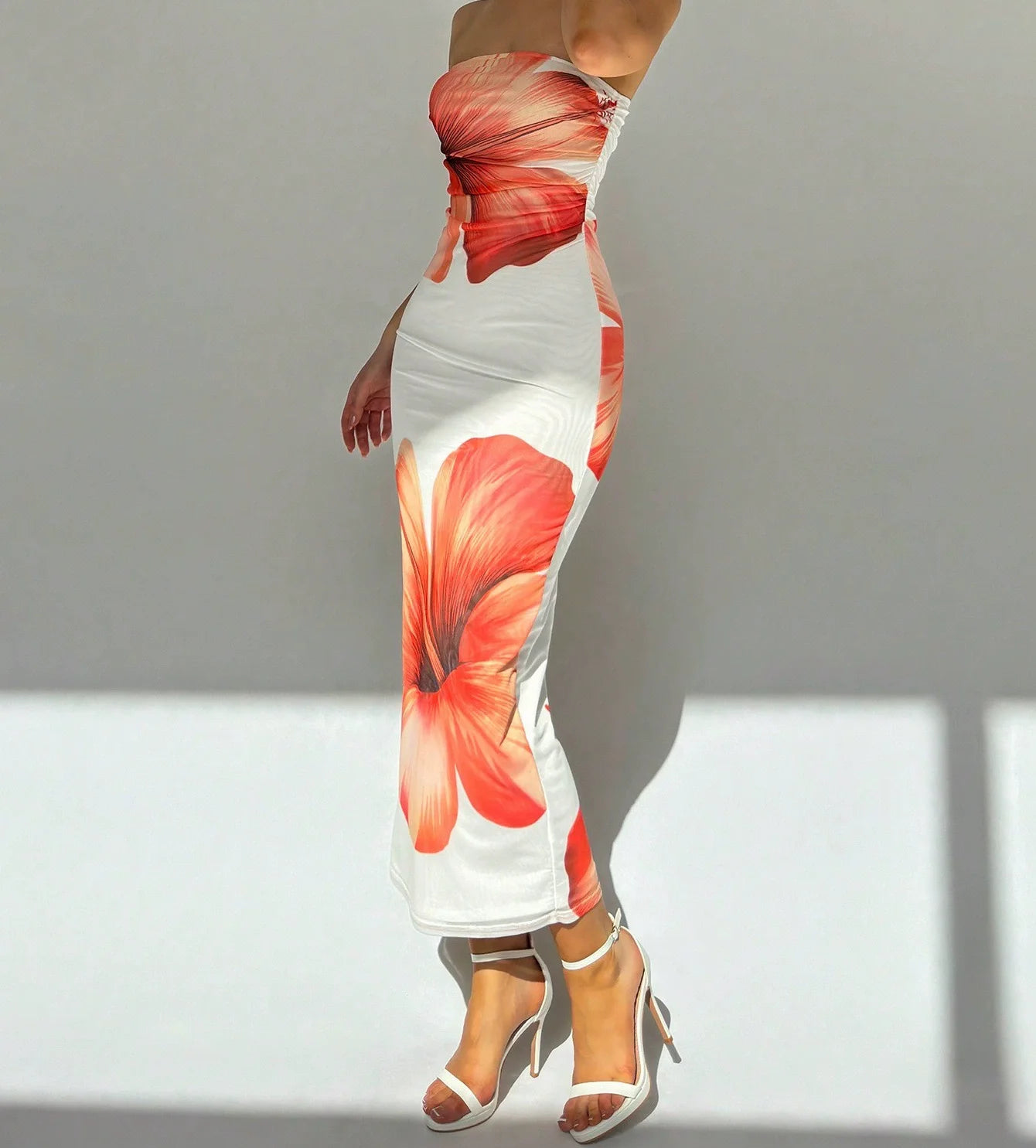 Sleeveless Big Flower Print Bodycon Skinny Maxi Tube Dress