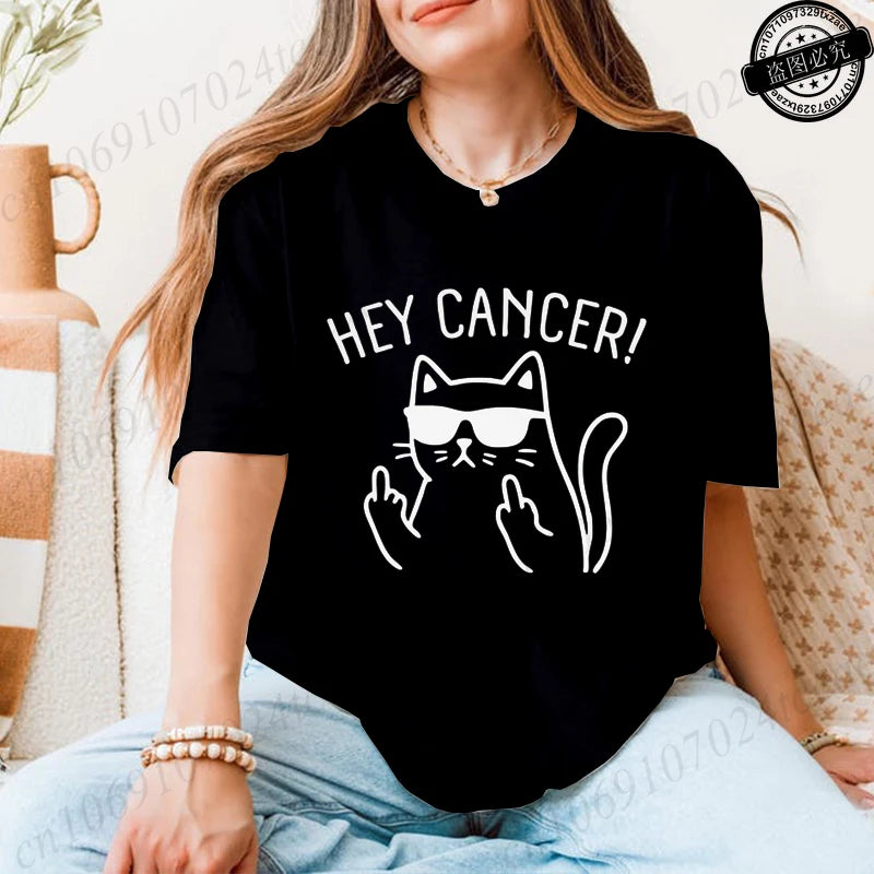 "Hey Cancer" 3D Cat Print Breast Cancer Awareness T-Shirt to 3X Plus Size