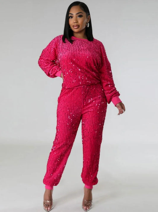 Sparkling Sequined Long Sleeve Top + Matching Elastic Pants 2-Piece Set