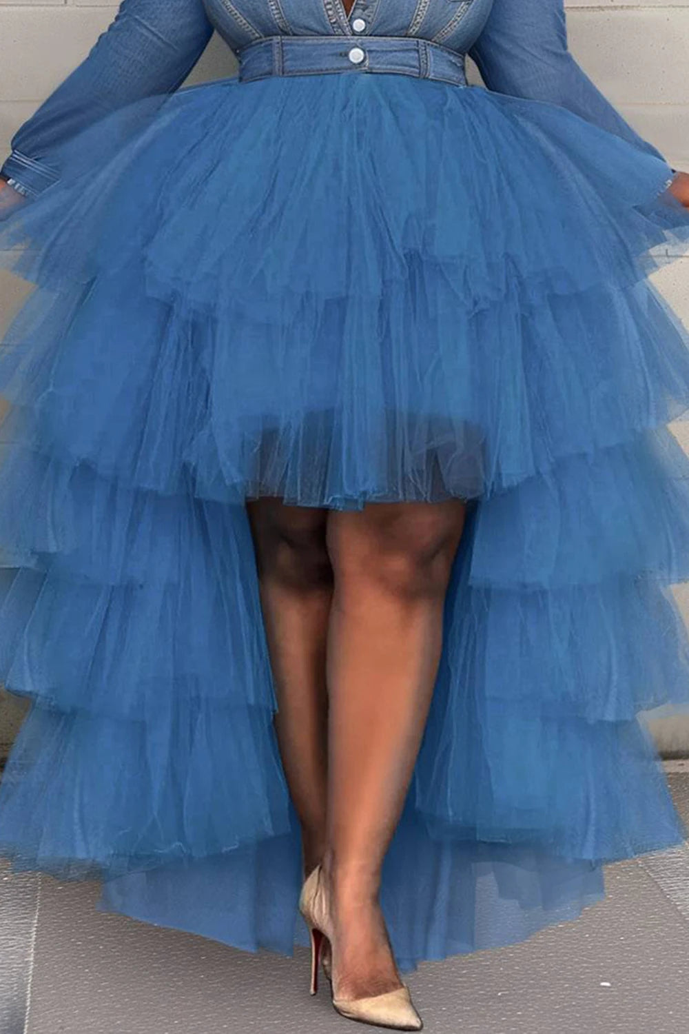 Denim Blue Button-Up Turn-Down Collar Tiered Patchwork Long Sleeve Tulle Tutu Skirt Dress to 5X Plus Size
