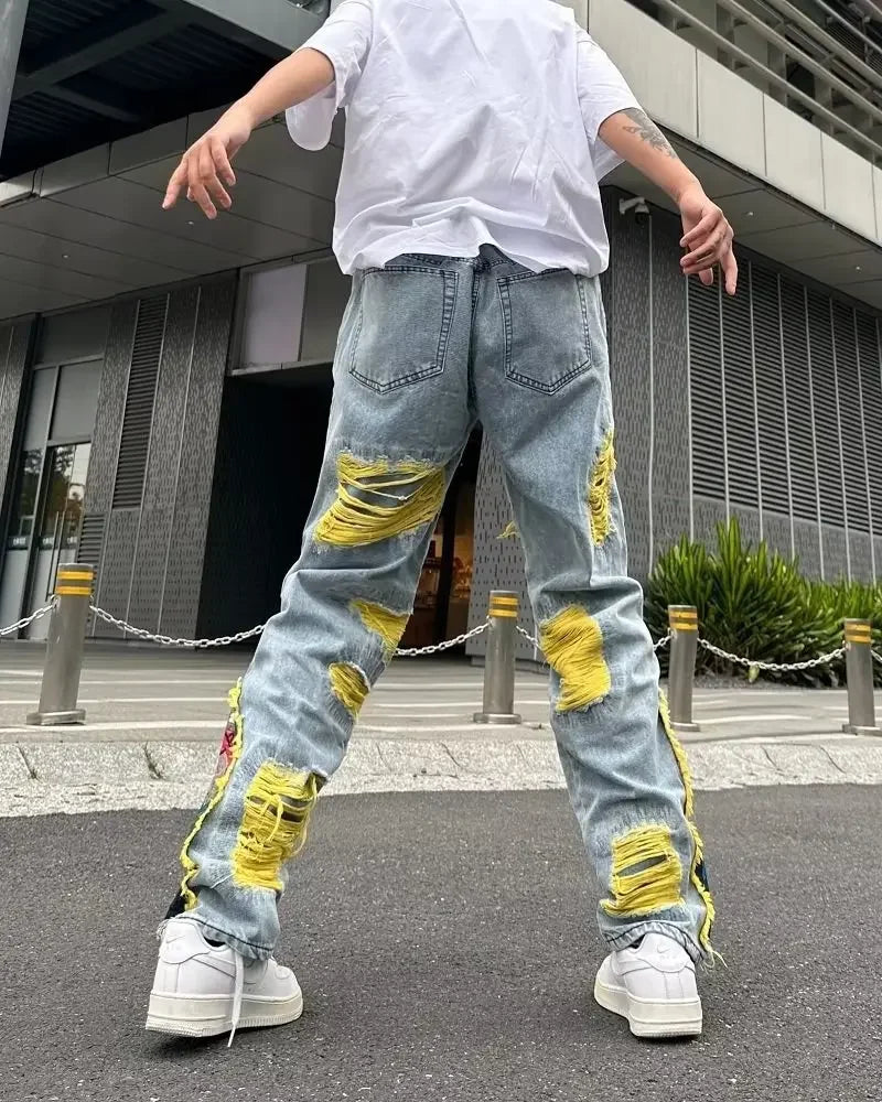 Streetwear Baggy Stacked Ripped Graphic Embroidered Hip Hop Jeans