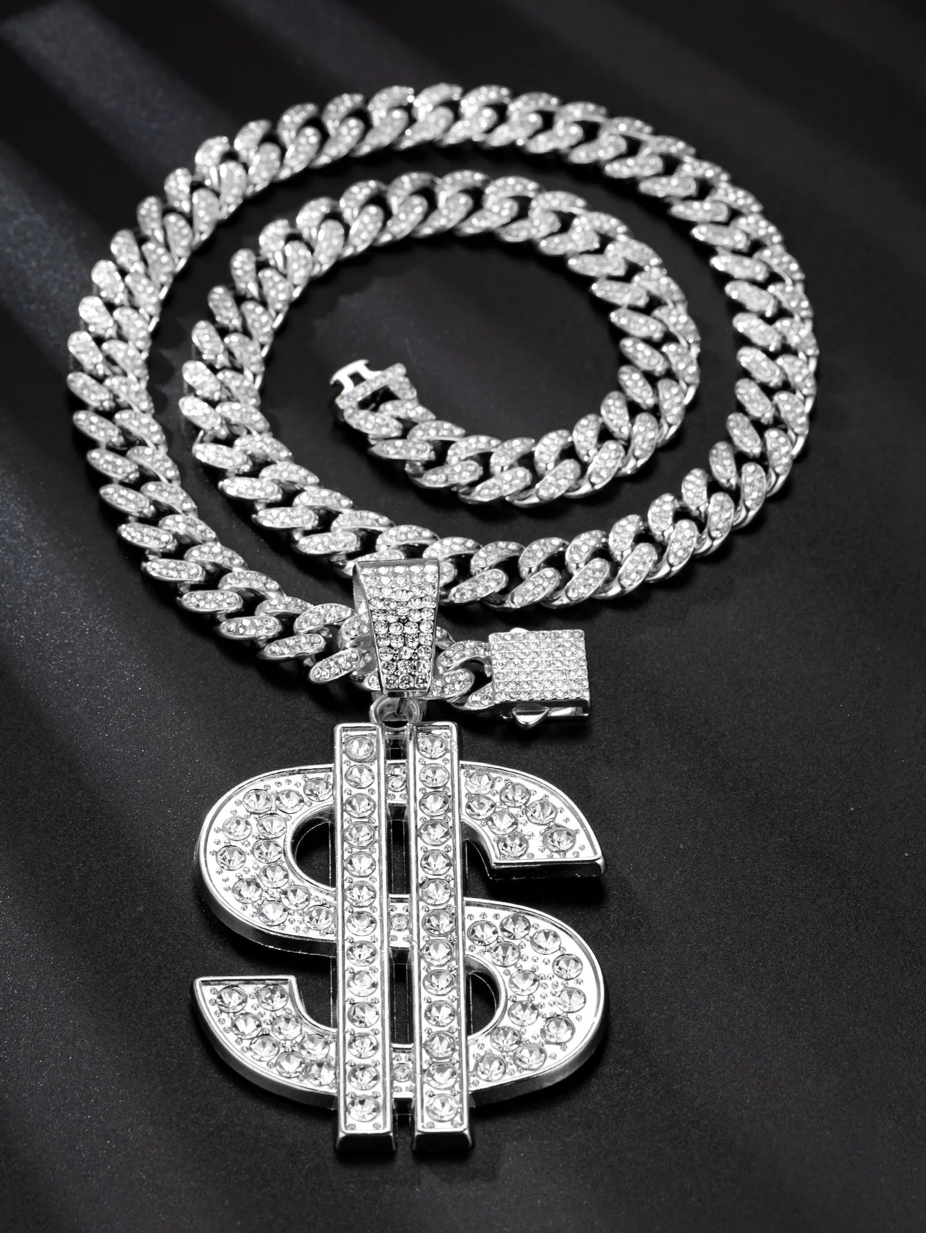 "Real Hasta la Muerte" OR $ Sign Rhinestone Pendant Hip-Hop Letter 13MM Cuban Chain Necklace