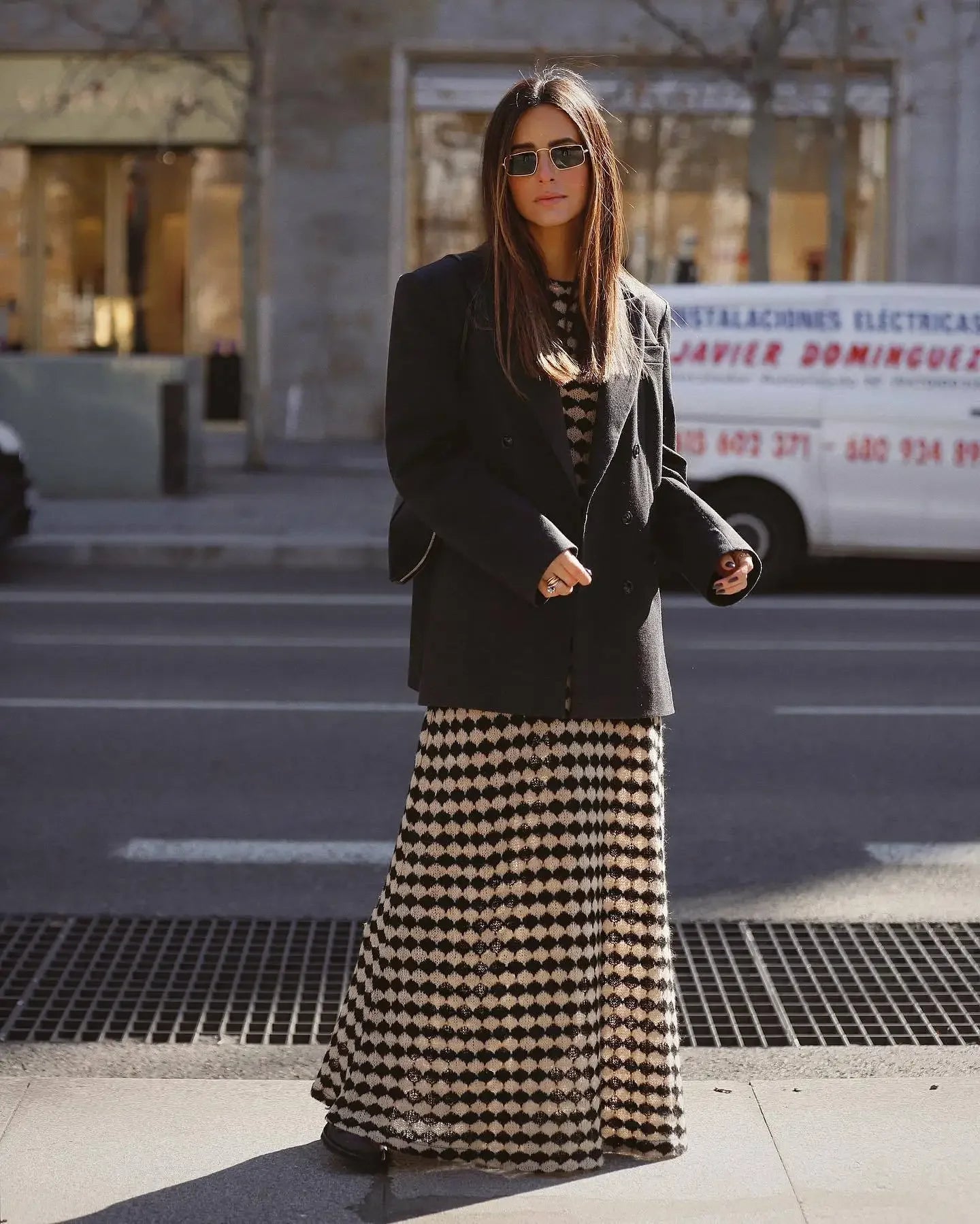 Plaid Knitted Backless Flared Long Sleeve Maxi Sweater Dress