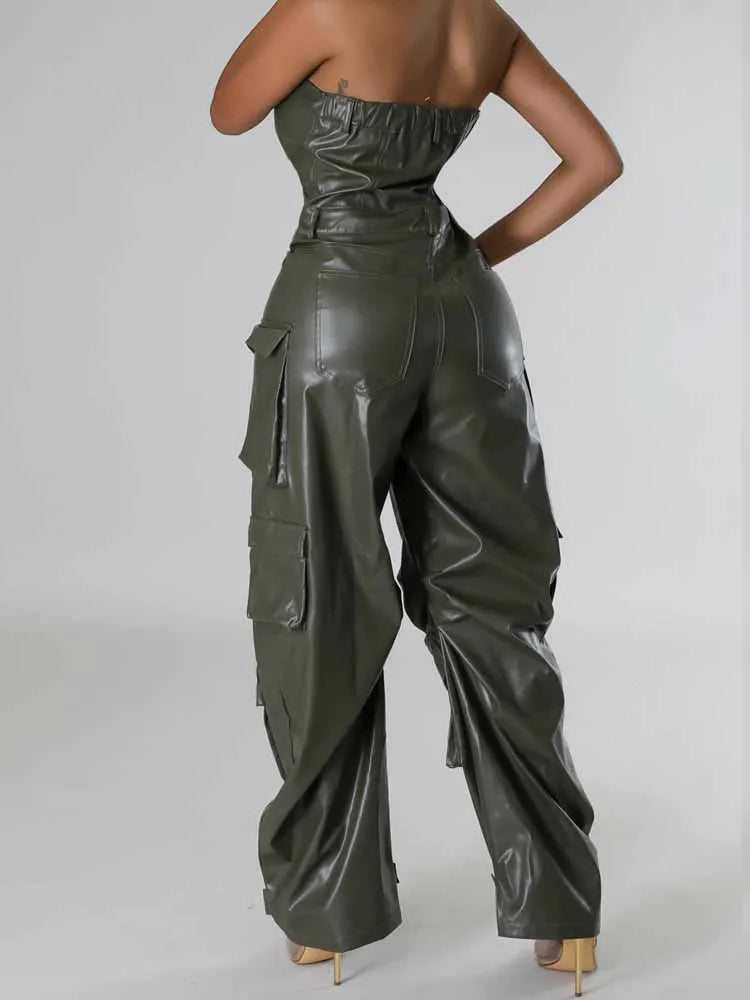 Strapless Sleeveless PU Leather Solid Color Hip-Hop Cargo Multi-Pocketed Women's Tube Top Jumpsuit