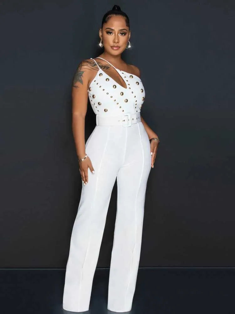 Stud Hollow-Out Design Sleeveless Asymmetrical One Shoulder Women's Backless Party Jumpsuit