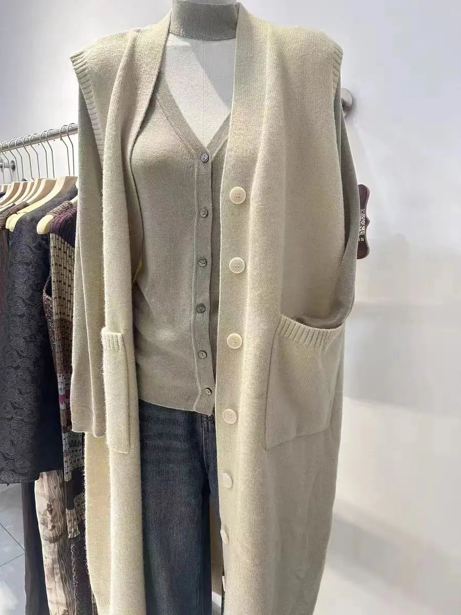 Sleeveless Knitted Button Front Vintage Oversized Knitted V-Neck Maxi Sweater Vest Dress