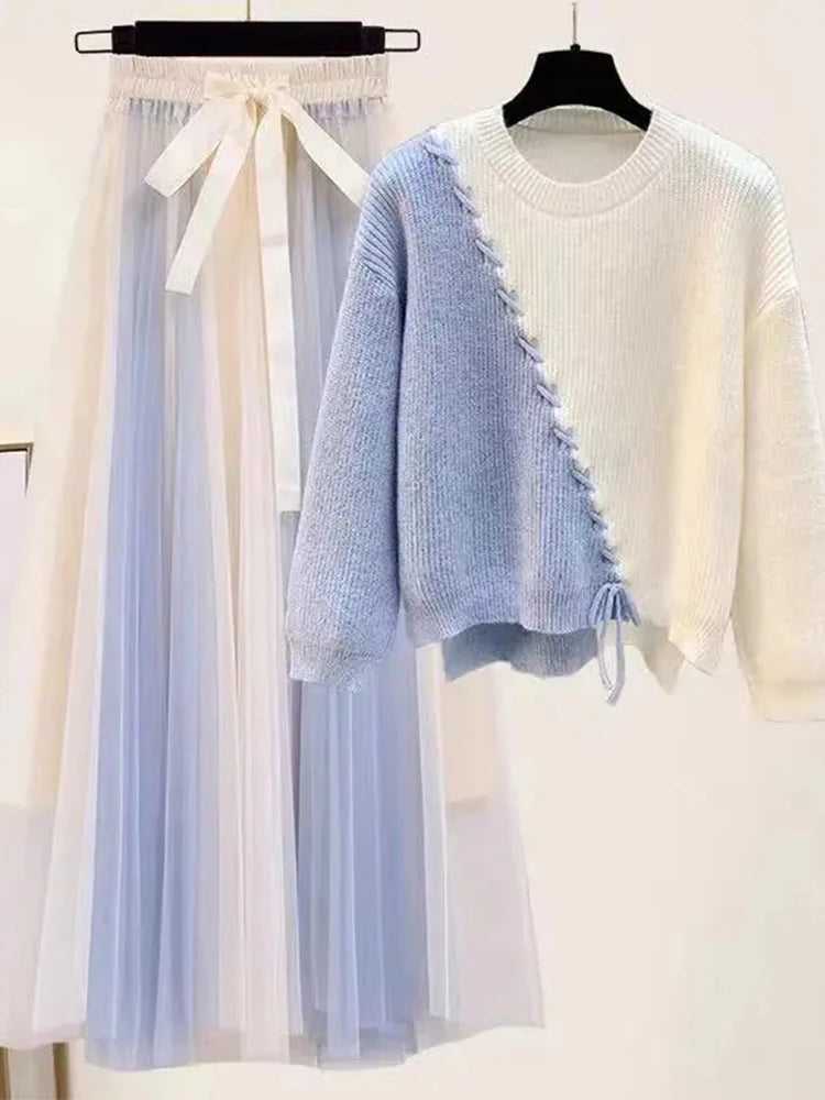 Lace-Up White/Baby Blue Colorblock Knitted Spliced O-Neck Sweater + Bowtie Gradient Gauze Maxi Skirt 2-Piece Set