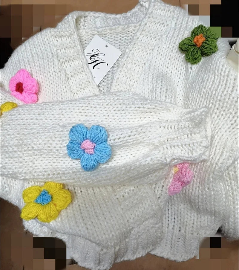 White Wool Crochet Big Flower Embroidered Design Women's Cardigan Sweater