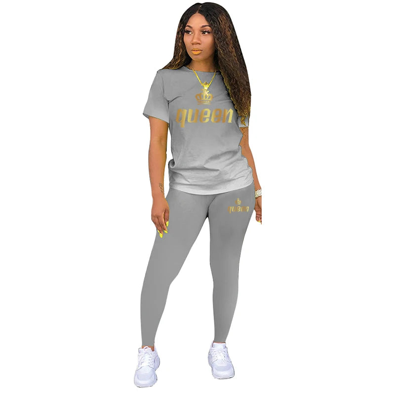 Metallic "Queen" Gold Ombre Gradient Colorblock Print Short Sleeve T-Shirt + Leggings 2-Piece Set to 5X