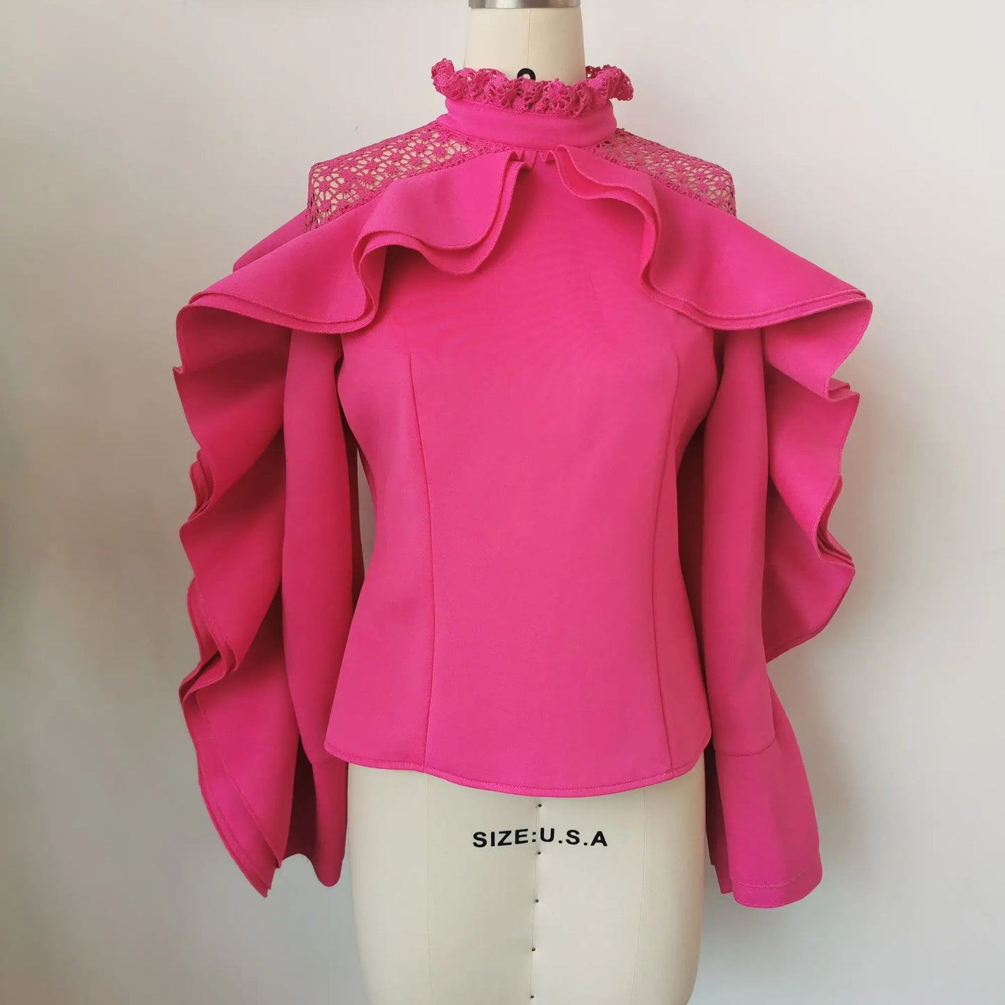 Hot Pink Ruffled Long Butterfly Sleeve Sleeve Blouse