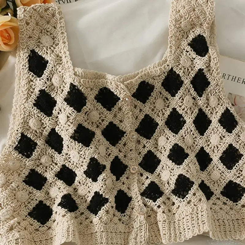 Crochet Multi-Colored Square Flower Design Knitted Square Neck Women's Sleeveless Cropped Tank Top