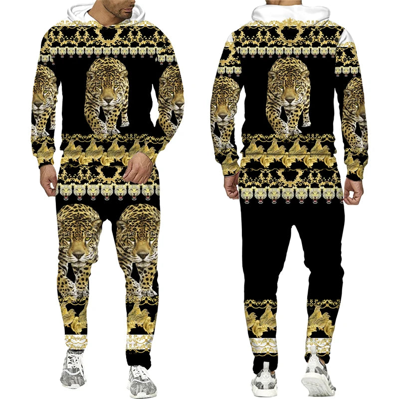 Men's Leopard/Tiger/Dragon/Clock Medallion Baroque Printed Graphic Golden/Black/White 3D Pattern Hoodie Sweatshirt + Sweatpants Tracksuit