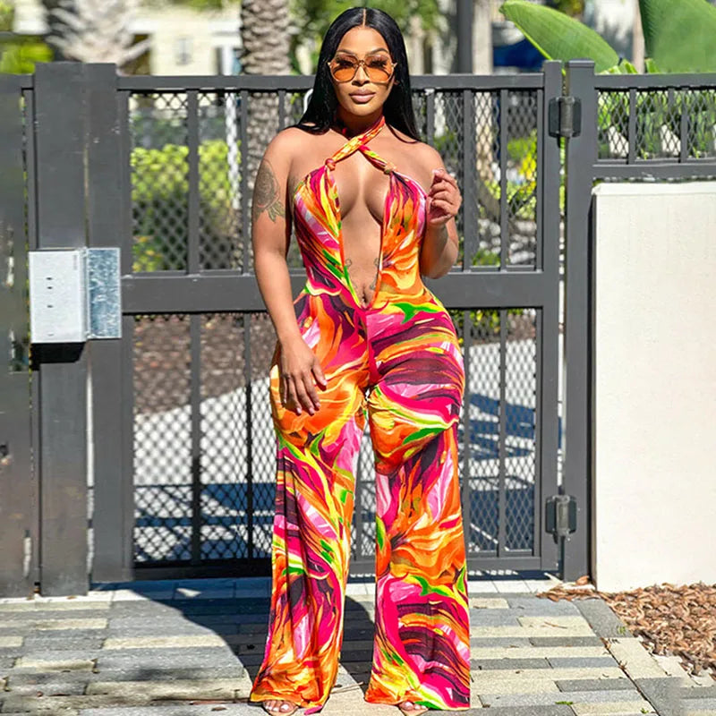 Tropical Tie-Dye Print Women's Halter Backless Sleeveless Deep V-Neck Loose Jumpsuit