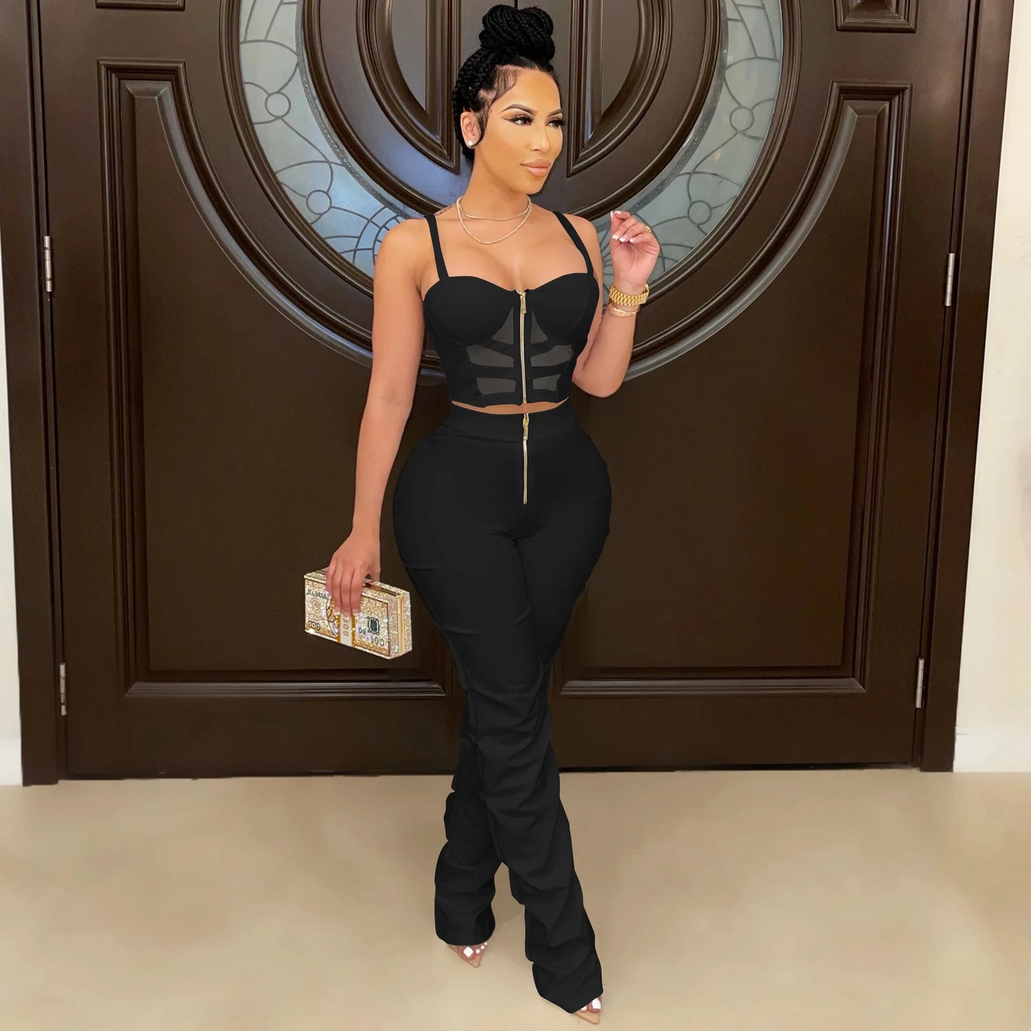 Corset Top Hollow-Out Zipper Front Cropped Tank Top + Stacked Zipper Front Pants Women's 2-Piece Set