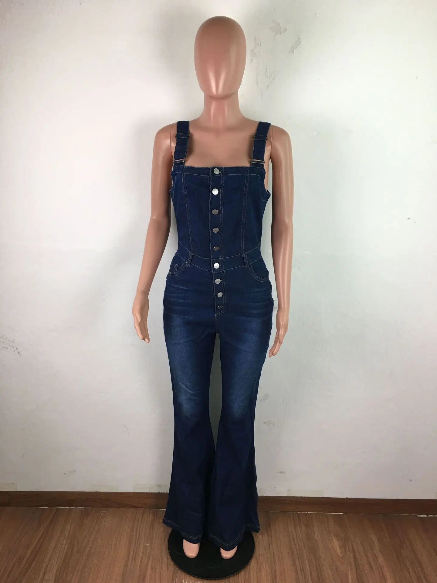 Denim Dark Blue Sleeveless Women's Spaghetti Strap Bodycon Bootcut Jean Jumpsuit