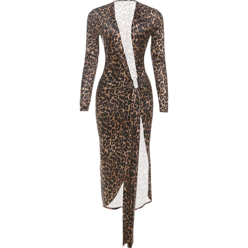 Leopard Print Deep V-Neck Ruched Maxi Ribbon Design Hollow-Out Long Sleeve Bodycon High Slit Maxi Club Dress