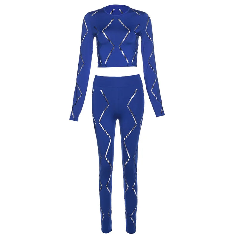 Knitted Geometric Pattern Long Sleeve Crop Top + Matching Biker Shorts Women's Solid Color 2-Piece Set