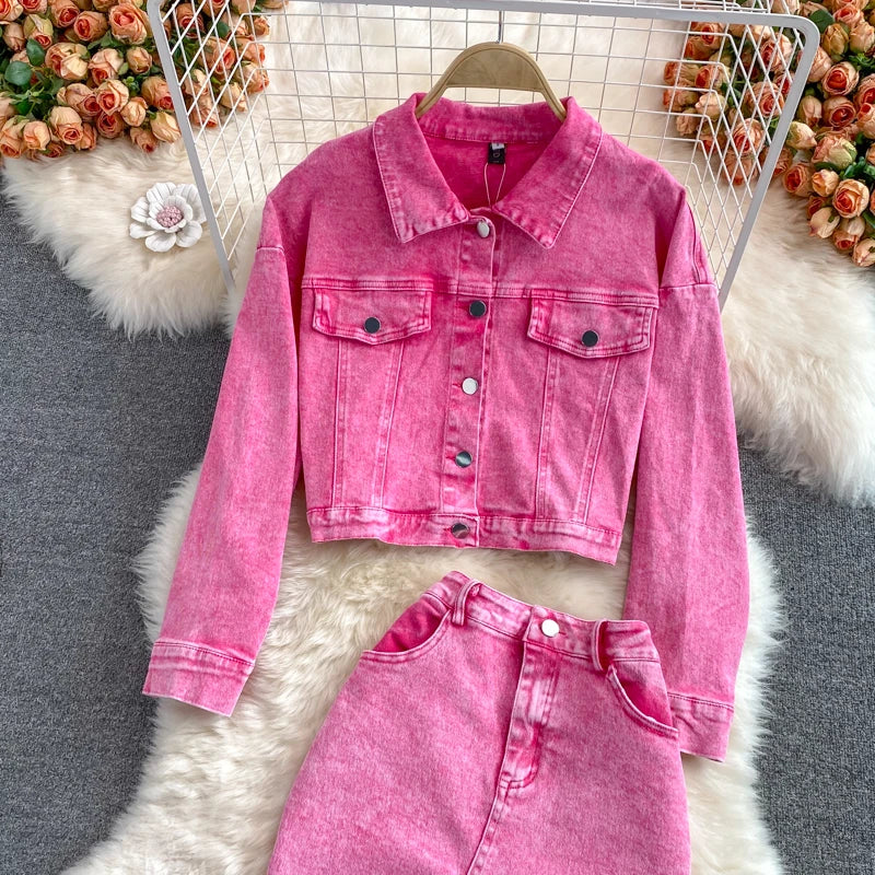 Pink Denim Single Breasted  Washed Jean Jacket + High Back.Slit Maxi Jean Skirt 2-Piece Set
