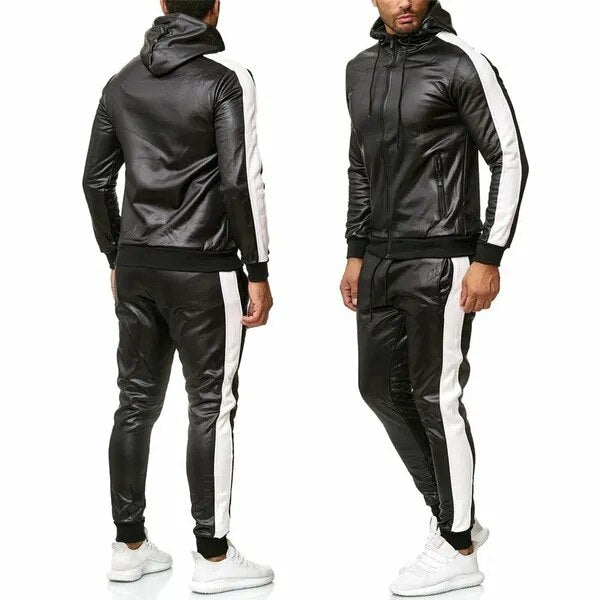 PU Leather Men's Side Striped Hooded Jacket + Matching Joggers Tracksuit