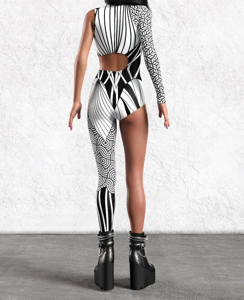 Irregular Asymmetrical One Sleeve Rainbow Geometric Striped Floral Hollow-Out 3D Print One Leg Jumpsuit to 3X Plus Size