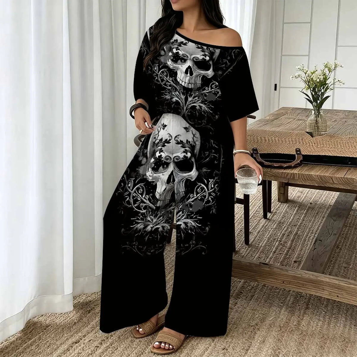 Printed Round Neck Short Sleeve Womens Top + Wide Leg Pants 2-Piece Set to 8X Plus Size