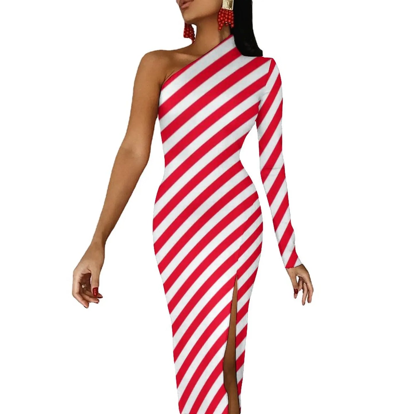Striped/Rainbow Striped/American Flag Print One Sleeve Asymmetrical Bodycon Midi Dresses