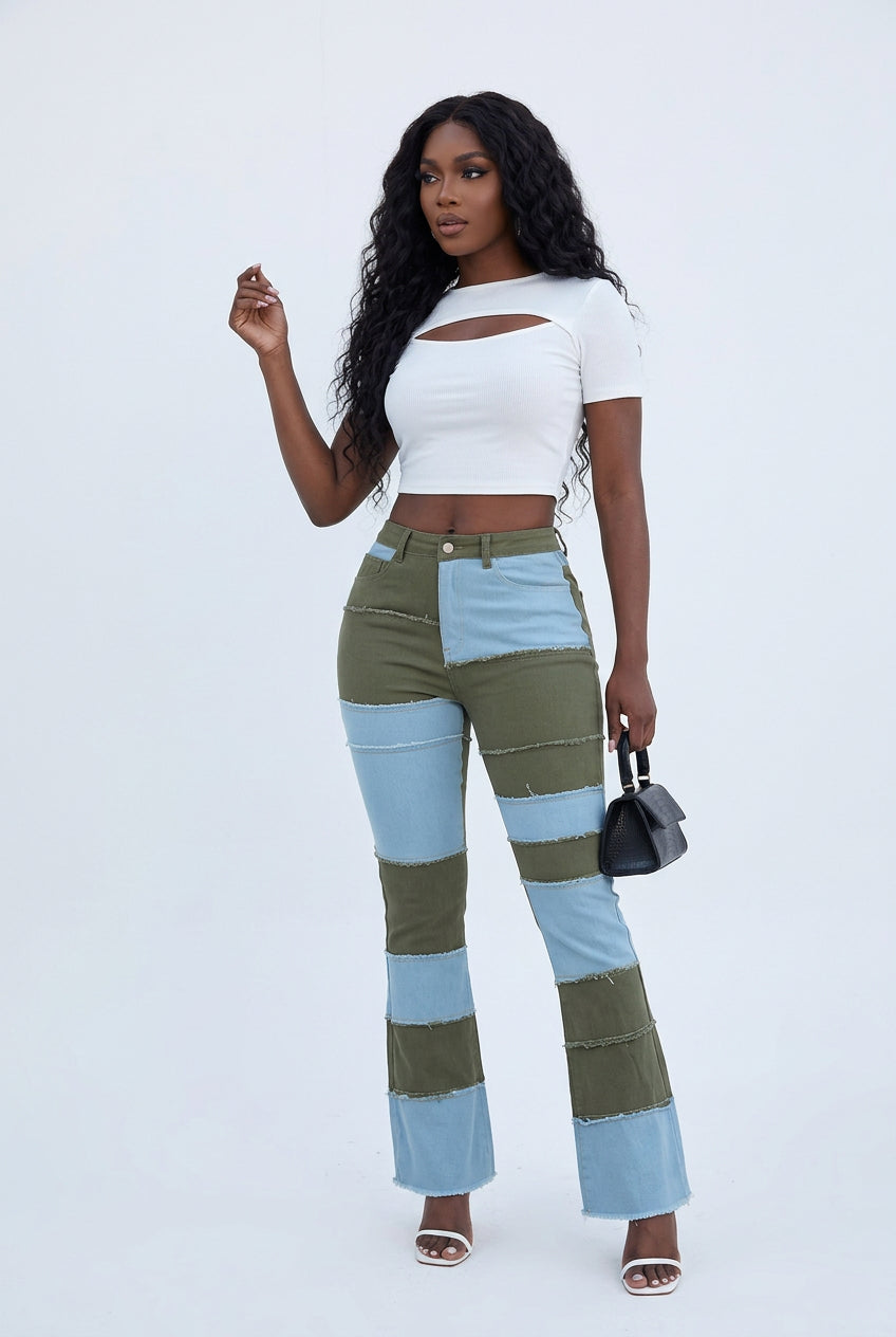 Denim Colorblock Checker Print Washed Women's Ankle Length Flared Bootcut Jeans to 3X Plus Size