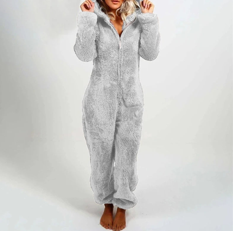 Faux Fur Fleece Women's Onesie Zipper Hoodie Teddy Jumpsuit
