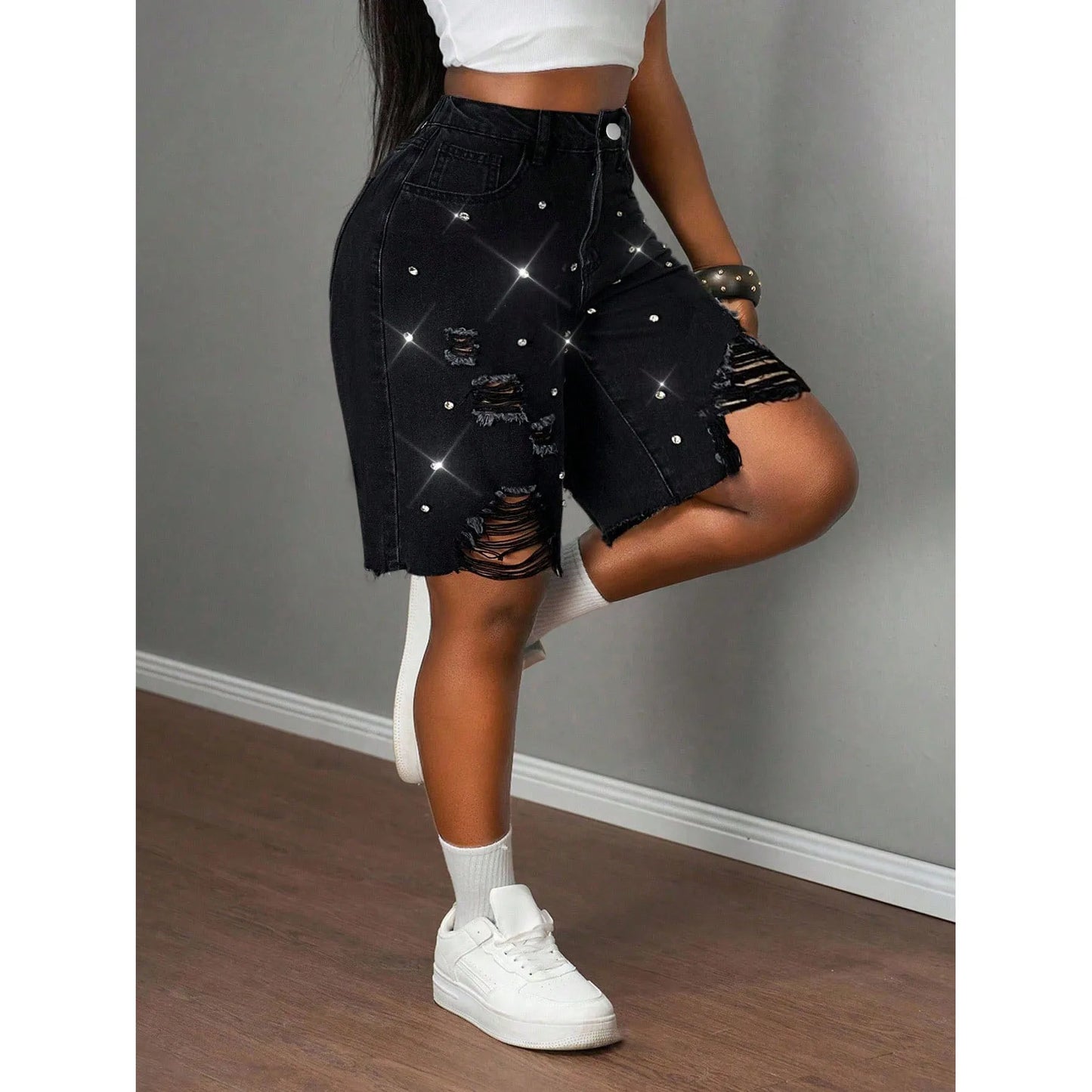 Denim Rhinestone Embellished Black Ripped Knee Length Women's Western Hip-Hop Jean Shorts