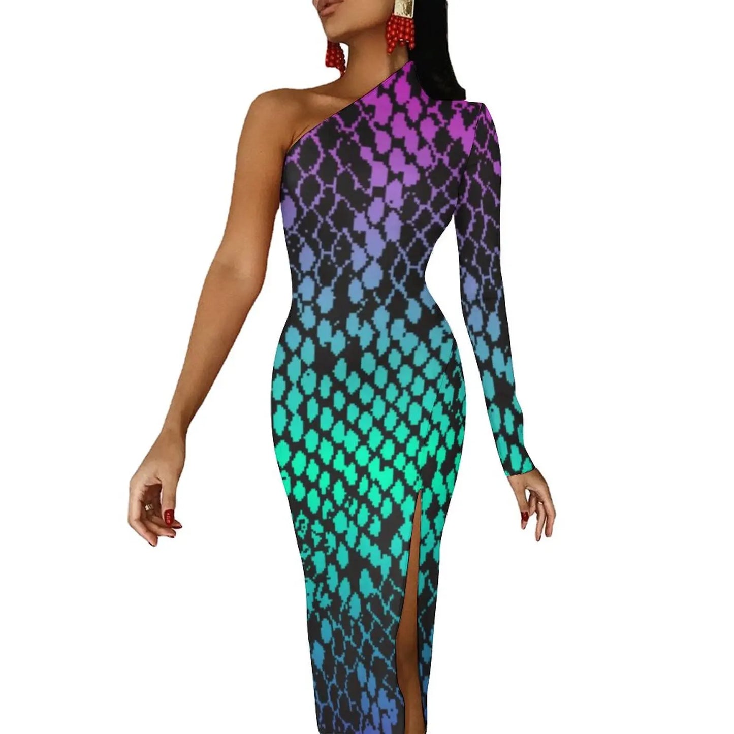 Snake Print/Geometric High Slit One Shoulder Long Sleeve Party Bodycon Maxi Dress