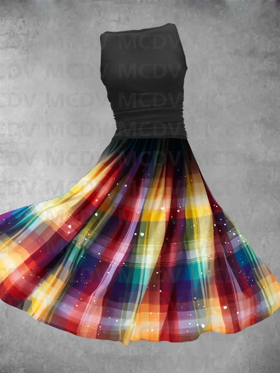 Rainbow Gradient/Plaid/Polka Dot/Striped Colorblock 3D Print Sleeveless O-Neck Swing Midi Dress to 3X Plus Size