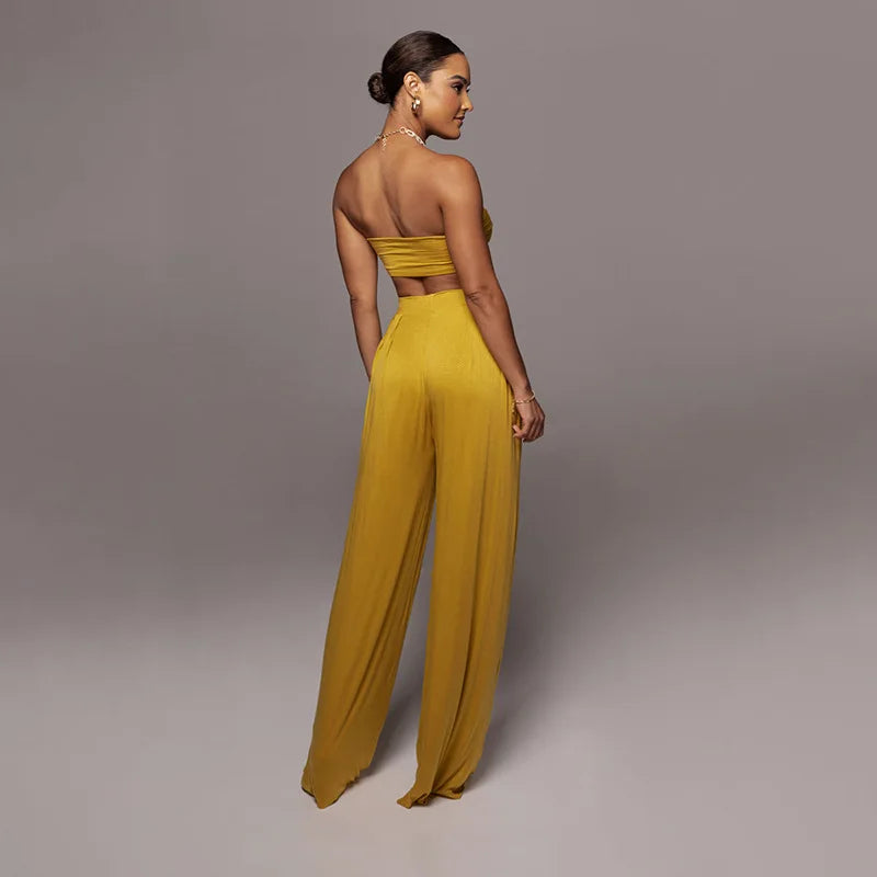 Sleeveless Bowknot Design Tube Top+ Wide Leg Pants Women's Solid Color 2-Piece Set