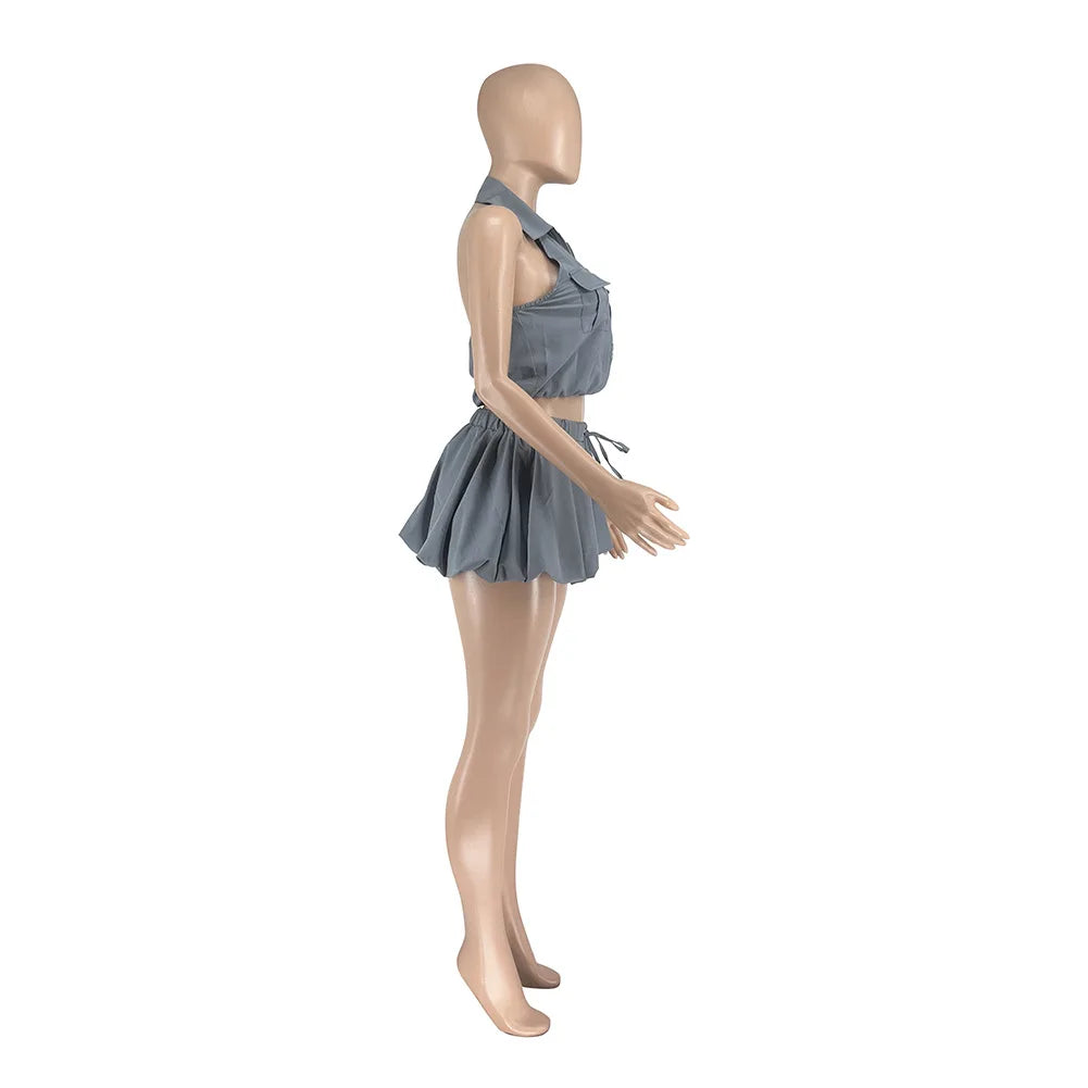 Sleeveless Cargo Pocketed Zipper Crop Top + Ruffled Pleated Elastic Waist Mini Tennis Skirt Women's 2-Piece Set