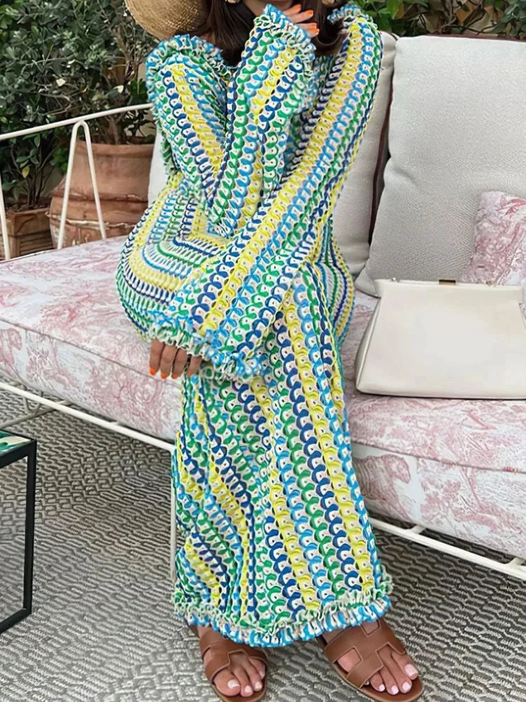 Striped Open Lace Stitch Pattern Backless Contrast Color Long Sleeve Loose Maxi Sweater Dress