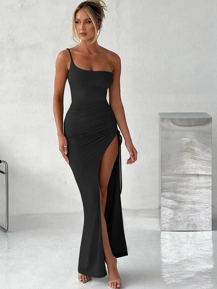 Asymmetrical Ruched One Shoulder Solid Color Drawstring High Slit Bodycon Maxi Dress